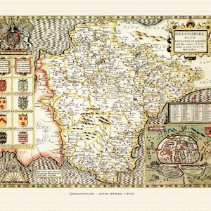 Mapa antiguo de Devon: mapa histórico de John Speed. Calidad superior. Con o sin marco. Exeter, Plymouth, Oakehampton, Tavestock