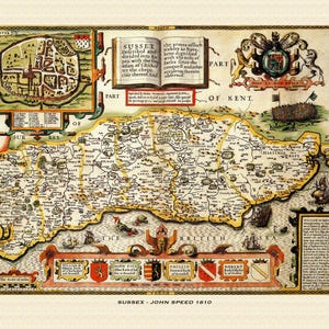 Mapa antigo de SUSSEX - mapa histórico de John Speed. Qualidade premium. Emoldurado ou não. Chichester, Lewes, Arundel, Brighton, Hastings