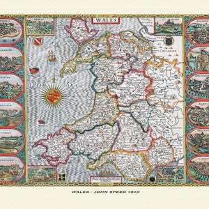 Alte Landkarte von Wales - historische Landkarte von John Speed. Premium-Qualität. Gerahmt oder ungerahmt.