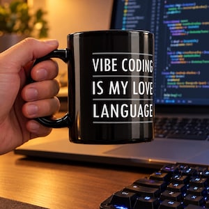May include: A black ceramic mug featuring white text that reads VIBE CODING IS MY LOVE LANGUAGE, displayed in three lines with horizontal lines separating each phrase, held by a handle on the left side against a blurred computer background.
