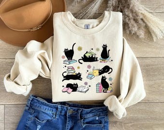 Floral Cat Shirt, Cat Lover T-shirt, Cat Book Shirt, Cat Lover Gift, Gift for Her, Cat Mom Shirt Gift, Cute Cat Shirts, Book Cat Sweatshirt
