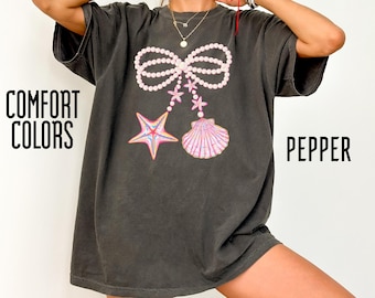 Comfort Colors® Seashell Shirt, Beach Shirt, Summer Shirt, Bow Shirt, Coquette Seashell Retro Summer Gift, Ocean Lover