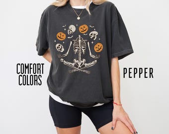 Comfort Colors Halloween Skeleton Shirt, Spooky Skull Graphic Tee, Funny Scary Skeleton Costume Top, Creepy Halloween Party T Shirt