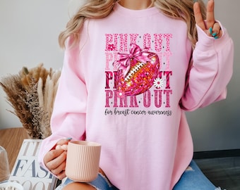 Football Pink Out Shirt, Breast Cancer Sweatshirt, Breast Cancer Awareness Tee, Pink Ribbon, Game Day Shirt, Football Mom Coquette T-Shirt
