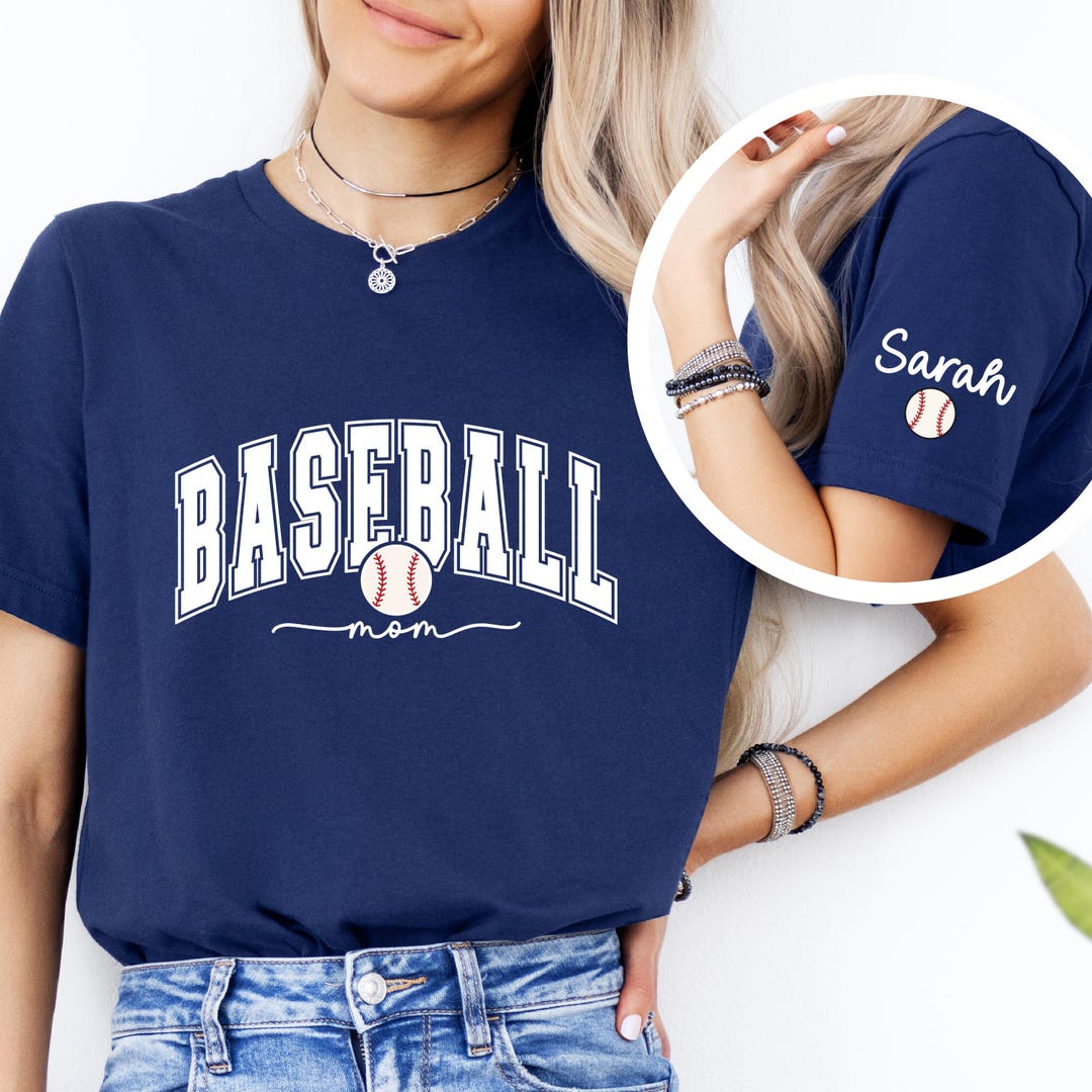 Custom Baseball Mom T Shirt, Kids Name Baseball on My Sleeve, Sport Mom