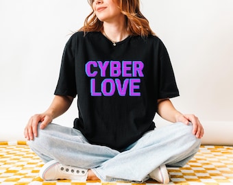 Cyber Love Shirt, Retro Vaporwave T Shirt, Aesthetic Cyberpunk Tee, 80s Synthwave Graphic Shirt, Futuristic Neon Party Outfit