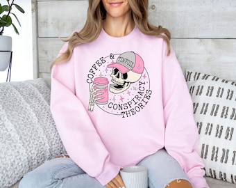 Camiseta de café y teorías de la conspiración, sudadera divertida, gorro de papel de aluminio, camiseta de calavera, camiseta de esqueleto, teorías de la conspiración divertidas, regalos de teoría