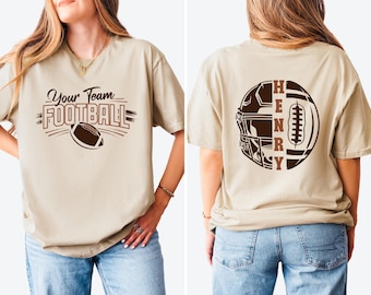 Custom Football Shirt, Personalized Team Name Jersey Tee, Player Number Helmet Graphic T-Shirt, Gift For Football Fans and Coaches