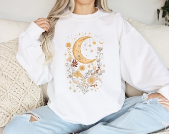 Vintage Moon and Stars Floral Shirt, Botanical Tee, Nature Lover Gift, Mystical Garden Sweatshirt, Mystical Moon Shirt, Motivational Tee