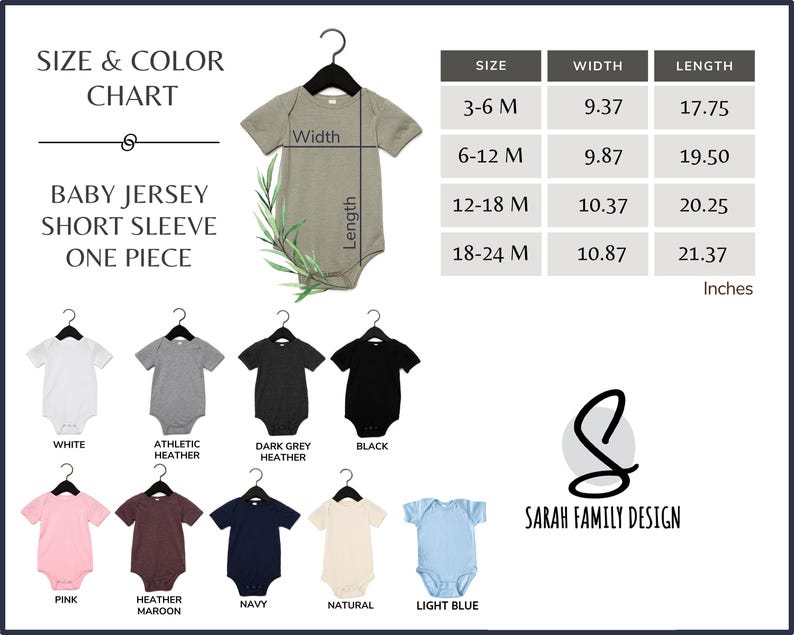 the size and color chart for a baby jersey