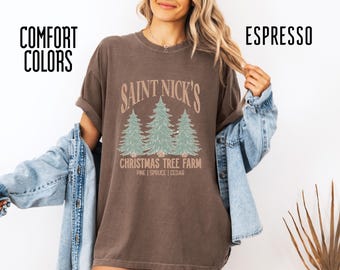 Comfort Colors Saint Nick’s Christmas Tree Farm Shirt, Holiday Graphic Tee, Vintage Xmas T Shirt, Festive Winter Outfit, Pine Spruce Cedar