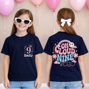 9th Birthday Girl Shirt, On Cloud Nine Birthday Shirt, Personalized 9 Year Old Girl Shirt, Pastel Rainbow Party Tee