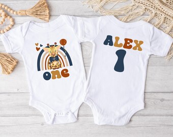 One Rainbow Giraffe Birthday Shirt, First Birthday Girl Outfit, Safari Animal Party Tee, Toddler Jungle Theme Birthday T-Shirt