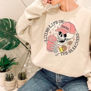 Living Life on the Bleachers Mama Shirt, Skull Sweatshirt, Sports and Coffee Tee, Sports Mama Sweater, Gift For Mama, Softball Mom Shirt