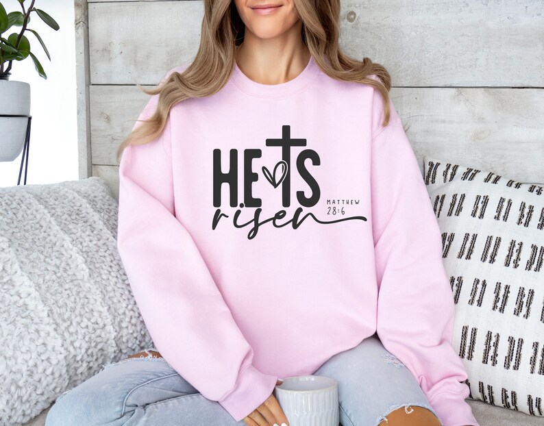 He is Risen Shirt, Christian Easter Sweatshirts, Easter Sunday Shirts, Christian Apparel, Faith Shirts, Christian Gift, Matthew 28:6 Shirt image 2