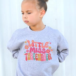 May include: A gray sweatshirt with the text "Little Miss Three-nager" in colorful, retro-style lettering. The text is surrounded by small, colorful flowers.