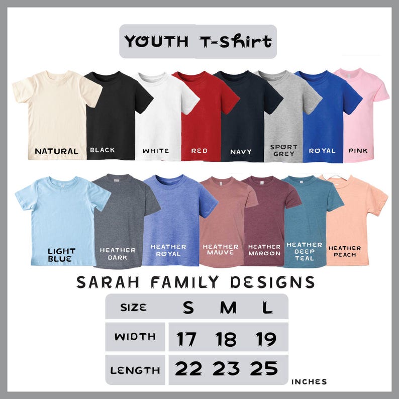 a group of youth t - shirts with different colors and sizes