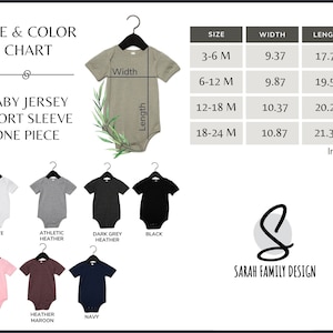 May include: Size chart for baby jersey short sleeve one-piece.  Sizes range from 3-6 months to 18-24 months.  Measurements are in inches.  Colors include white, athletic heather, dark grey heather, black, pink, heather maroon, and navy.
