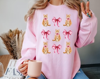Coquette Cat Shirt, Cute Cat Sweatshirt, Coquette Bow Shirt, Pink Ribbon Tee, Cat Lover Shirt, Soft Girl Aesthetic Shirt, Cute Tee for Women