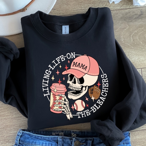 Living Life on the Bleachers Mama Shirt, Skull Sweatshirt, Sports and Coffee Tee, Sports Mama Sweater, Gift For Mama, Baseball Mom Shirt