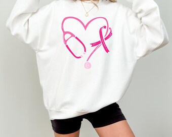 Heart Stethoscope Shirt, Pink Ribbon Shirt, Breast Cancer Awareness Tee, Coquette Stethoscope Sweatshirt, Breast Cancer Warrior Gift Shirt