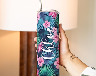 Personalized Tropical Tumbler, Custom Name Hibiscus 20oz Skinny Tumbler, Floral Summer Tumbler Cup, Tropical Leaves Custom Tumbler