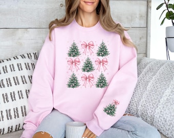 Christmas Sweatshirt for Women, Christmas Coquette Bow Trees Hoodie, Retro Christmas Hoodie, Very Merry Christmas Gift, Pink Coquette Bow
