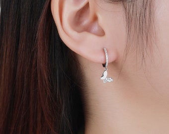 Handmade Butterfly Hoop Earrings, CZ Crystal, 925 Sterling Silver