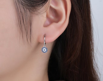 Handmade Sterling Silver Evil Eye Hoop Earrings with CZ Crystals