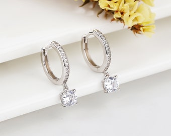 Handmade Sterling Silver CZ Crystal Drop Hoop Earrings