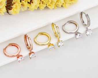 Handmade Diamond Earrings, CZ Crystal Dangle and Drop Hoop Earrings, 925K Sterling Silver Christmas Gift, Engagement Gift, Wedding Jewellery