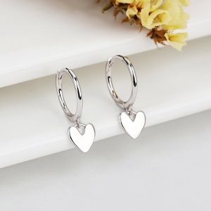 Handmade Dangling Heart Hoop Earrings, Personalised Christmas Gift for Her, 925 Sterling Silver, White Rhodium, Bridesmaid Gift