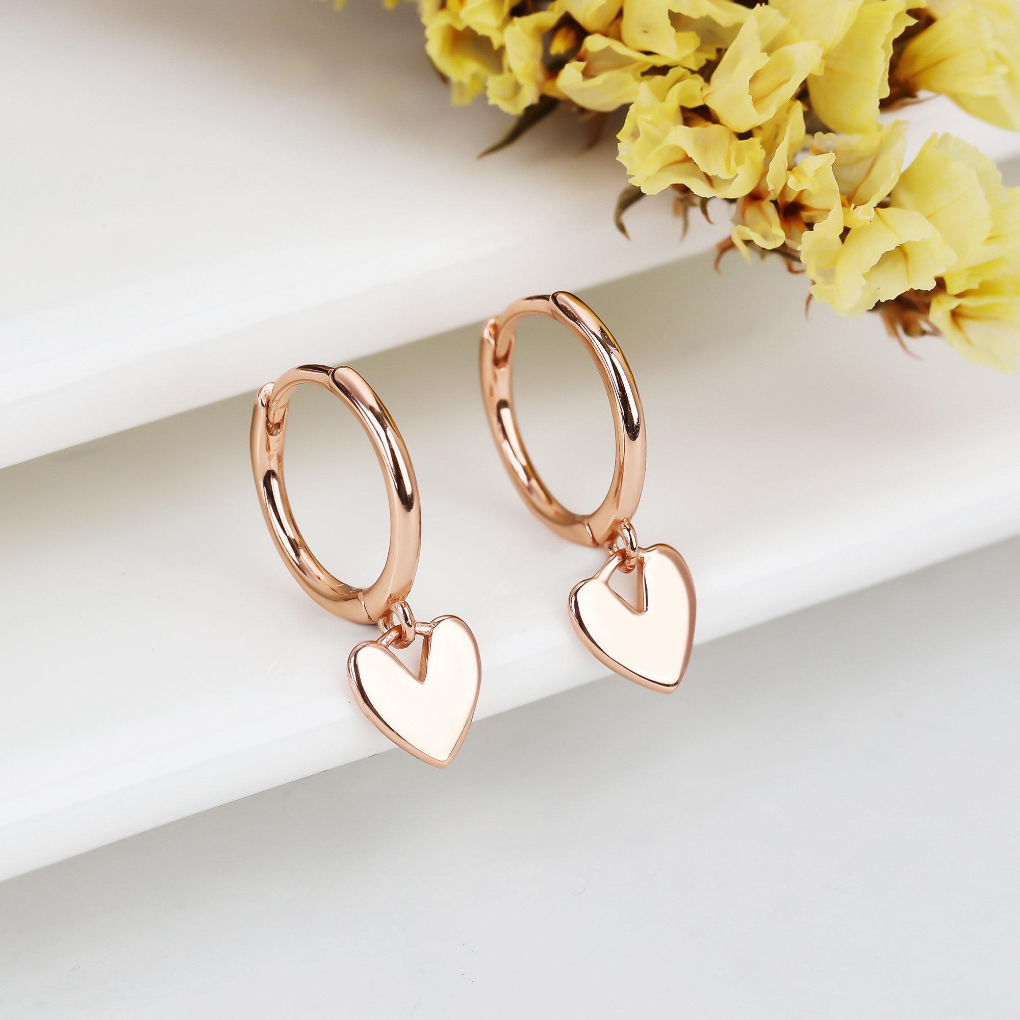 Christmas Gift for Her, Dangling Heart Hoop Earrings, 925 Silver Sterling, Rose Gold Plated Gift for Girlfriend, Gift for Wife, Gift for Mum