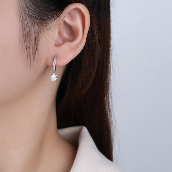 Handmade Dangling CZ Crystal Drop Hoop Earrings, 925K Sterling Silver, White Rhodium, Rose Gold Plated Christmas Gift for Wife, Wedding Gift