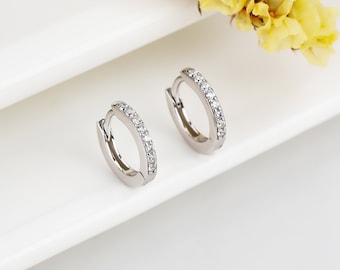 CZ Crystal Sterling Silver Hoop Earrings, Huggie Style