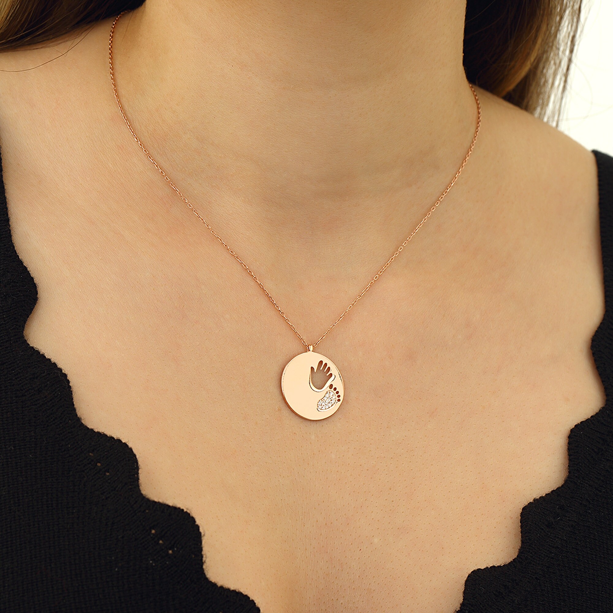 Christmas Gift for New Mum Necklace, Baby Footprint Disc Necklace, 925K Sterling Silver with CZ Crystal, Gift for Mothers