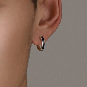 S925 Silver Men's Black Hoop Earrings, Huggie Style Mens Hoops, Silver Hoop Earrings For Men