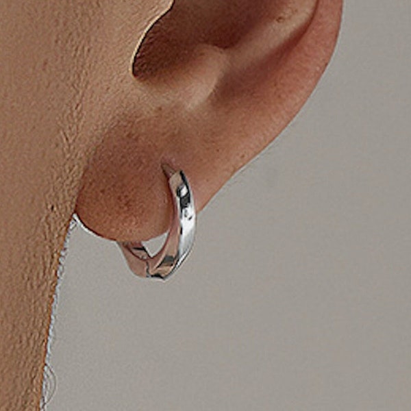 S925 Men's Silver Twist Hoop Earrings, Huggie Style Mens Hoops, Silver Hoop Earrings For Men