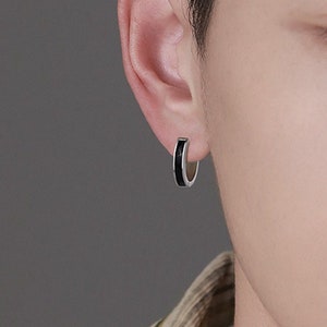 S925 Silver Men's Black Hoop Earrings, Huggie Style Mens Hoops, Silver Hoop Earrings For Men