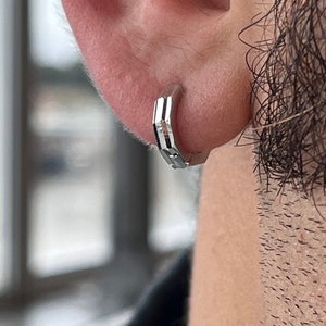 S925 Men Hoop Earring Geo Hoops, Mens Silver Hoop Earrings, Huggie Earring For Men, Earrings For Him