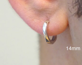 S925 Men&#39;s Silver 14mm Twist Hoop Earrings, Huggie Style Mens Hoops, Silver Hoop Earrings For Men