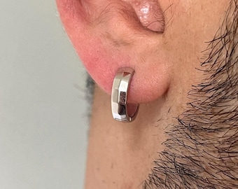 Men’s 925 Silver Disco Light Wide Band Huggie Hoop Earring | Modern Bold Style