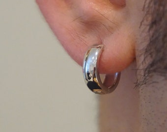 Men’s 925 Sterling Silver Hoop Earrings | Flat Chunky Silver Huggie Hoops | Minimalist Men’s Earrings