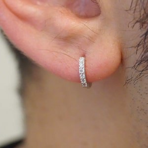 S925 Silver Men&#39;s White Diamonds Hoop Earrings (Thin), Huggie Style Mens Hoops, Silver Hoop Earrings For Men