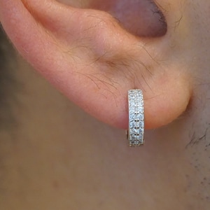 S925 Mens Double White Zircon Hoops, Minimalist Diamonds Hoop Earrings, Mens Silver Huggie, Mens Huggie Hoop Earring, Earrings For Him