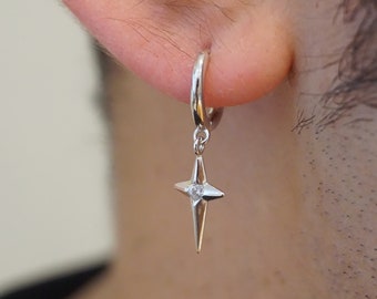 S925 Men's Star Dangle Hoop Earrings, Huggie Style Mens Hoops, Silver Hoop Earrings For Men