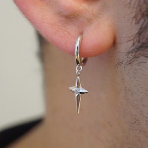 S925 Men's Star Dangle Hoop Earrings, Huggie Style Mens Hoops, Silver Hoop Earrings For Men