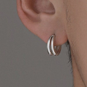 S925 Mens Double Hoop Earrings, Minimalist Hoops, Mens Silver Huggie Earrings, Mens Huggie Hoop Earring, Earrings For Him image 1