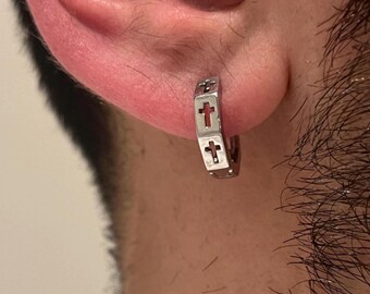 Men’s Polygon Hoop Earrings | Stainless Steel Cross Huggie Earrings | Minimal Men’s Jewellery