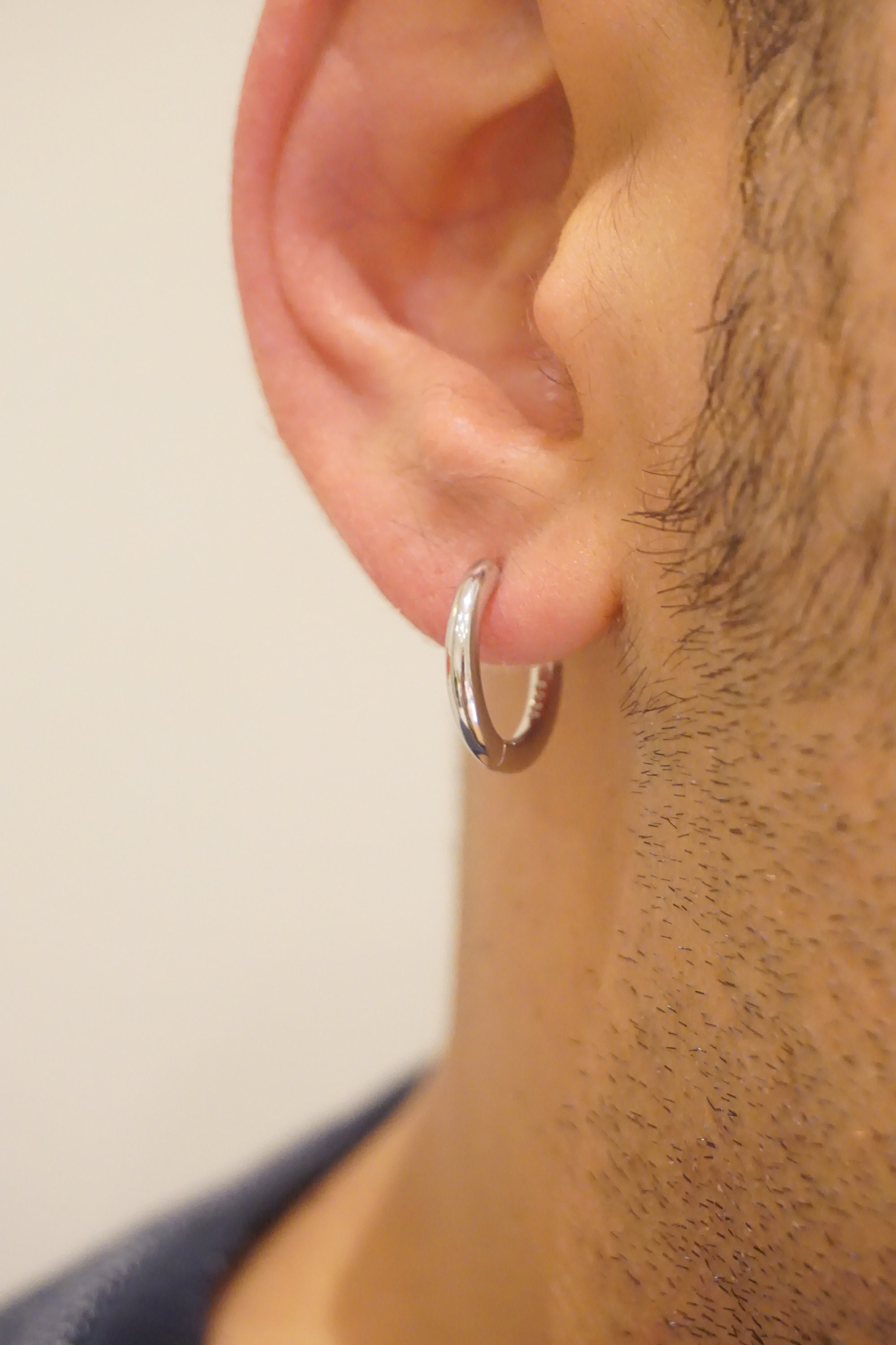 S925 Mens Chunky Plain Hoops Earring, Mens Silver Huggie